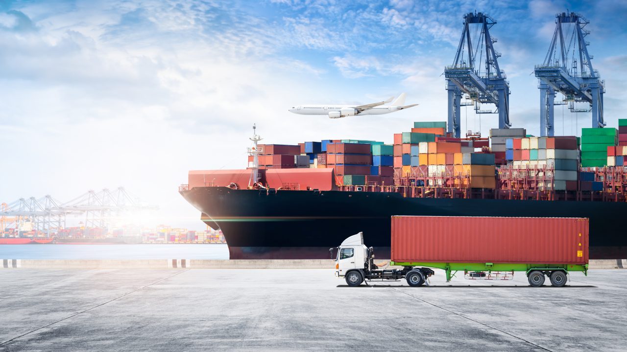 Container cargo freight ship, cargo plane, and moving truck