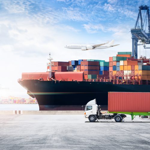 Container cargo freight ship, cargo plane, and moving truck