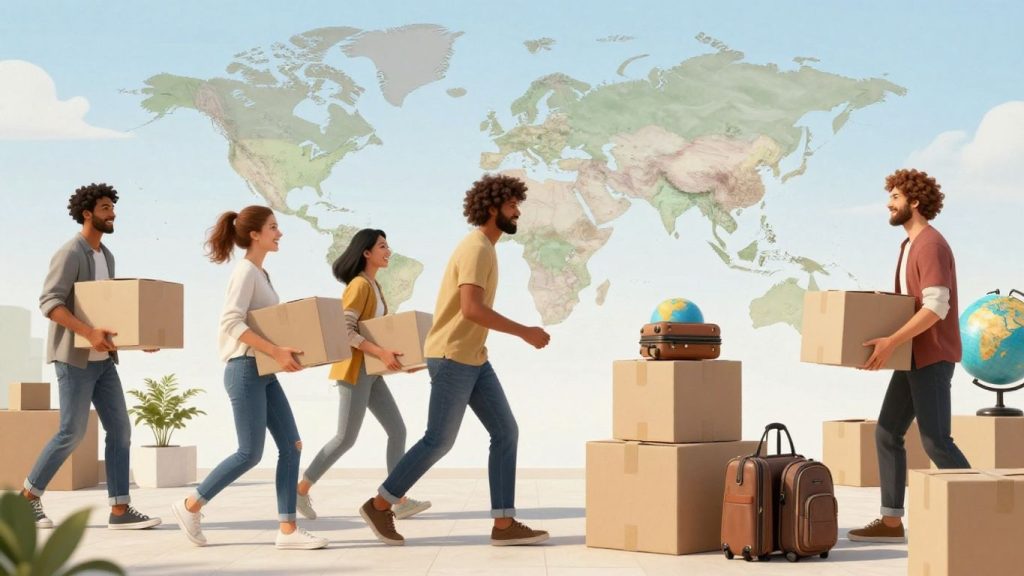 People packing boxes for international move.