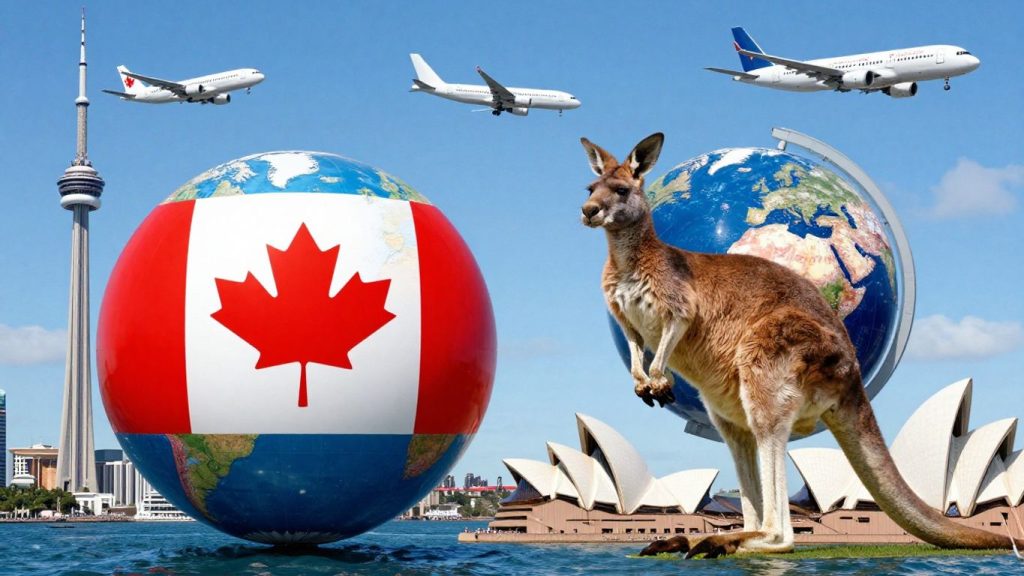 Canada to Australia move: maple leaf, kangaroo, globe, airplanes.