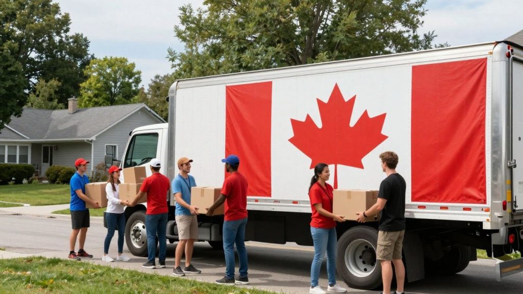 International movers loading truck with Canadian flag.