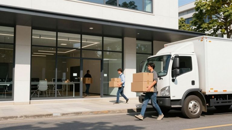 Office building, moving truck, people carrying boxes.