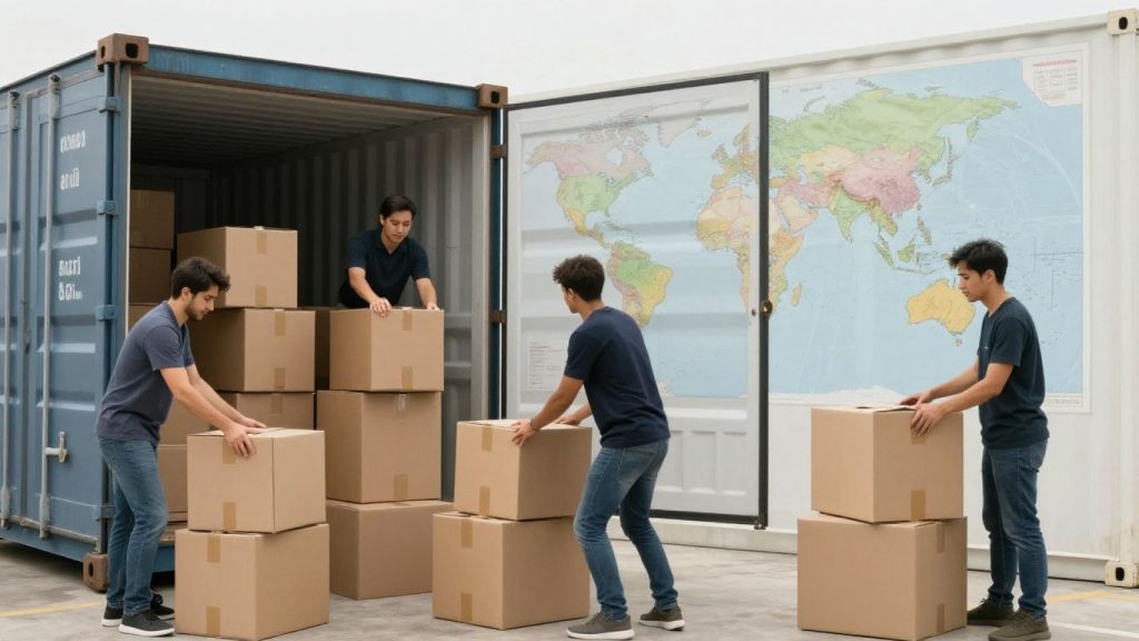 International moving company loading boxes onto a shipping container.