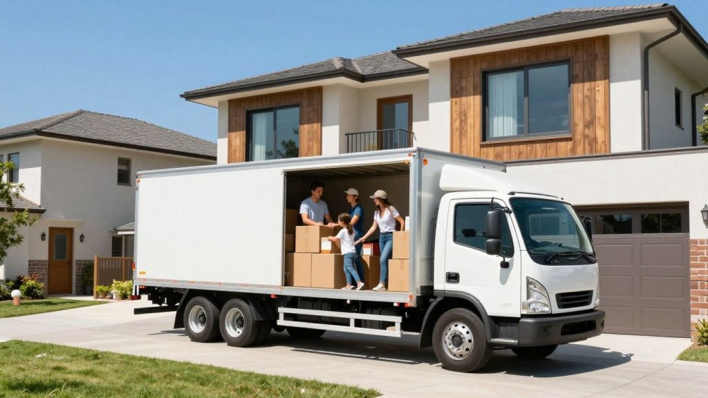 Family loading moving truck for international relocation.