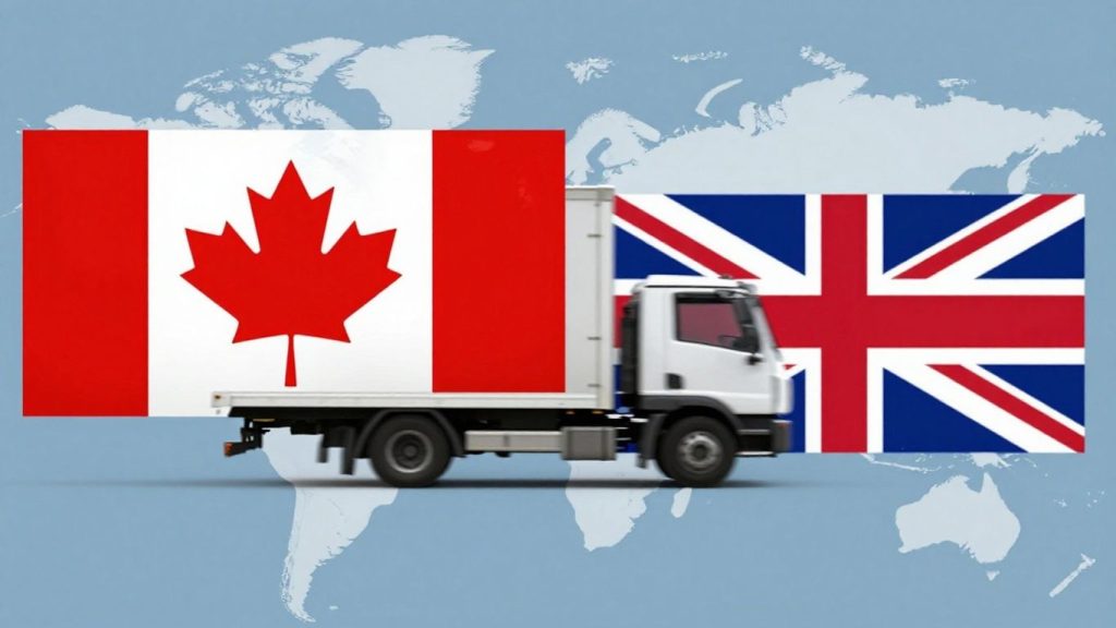 Moving truck between Canada and UK flags