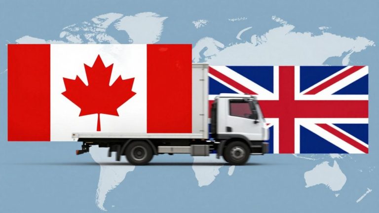 Moving truck between Canada and UK flags