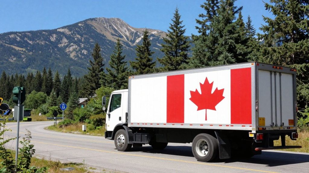 Moving truck crossing US-Canada border with mountains.
