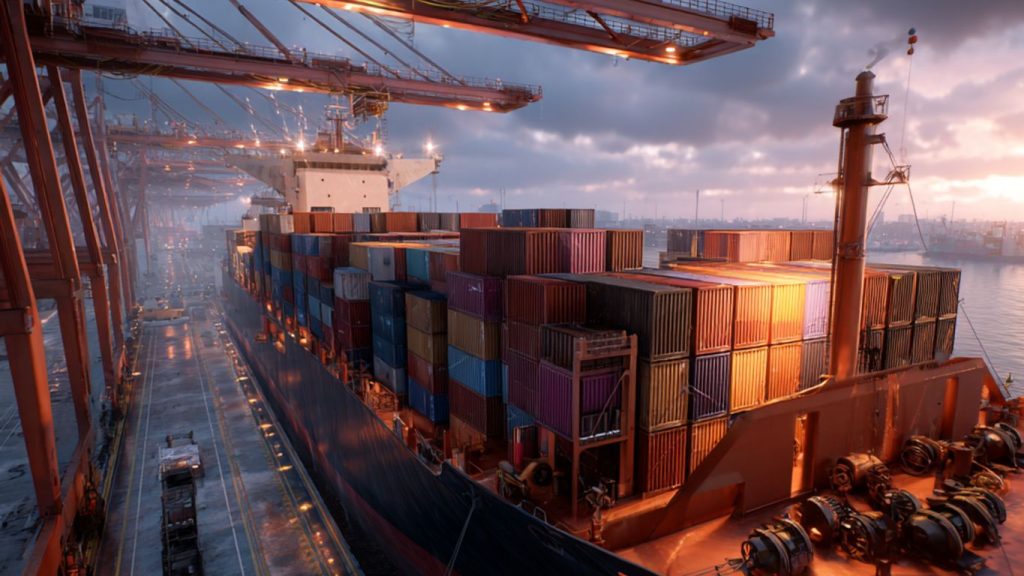Cargo ship loaded with containers at a port with cranes at dusk.