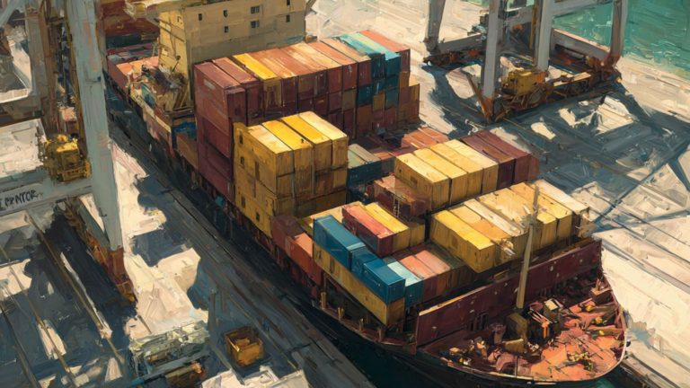 A cargo ship is loaded with containers at a busy port.