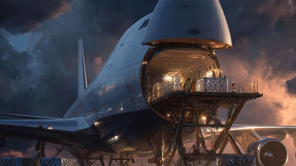 Cargo plane being loaded with goods under a dramatic sky.