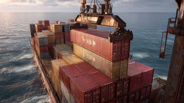 A cargo ship is being loaded with containers at sea.