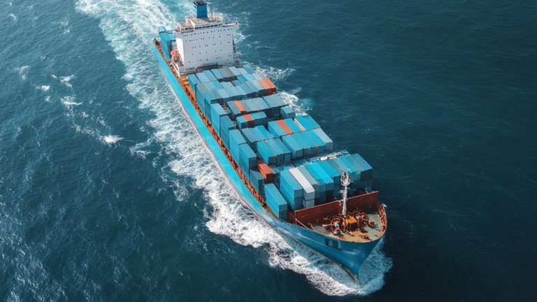 A large cargo ship carrying many containers sails through the ocean.