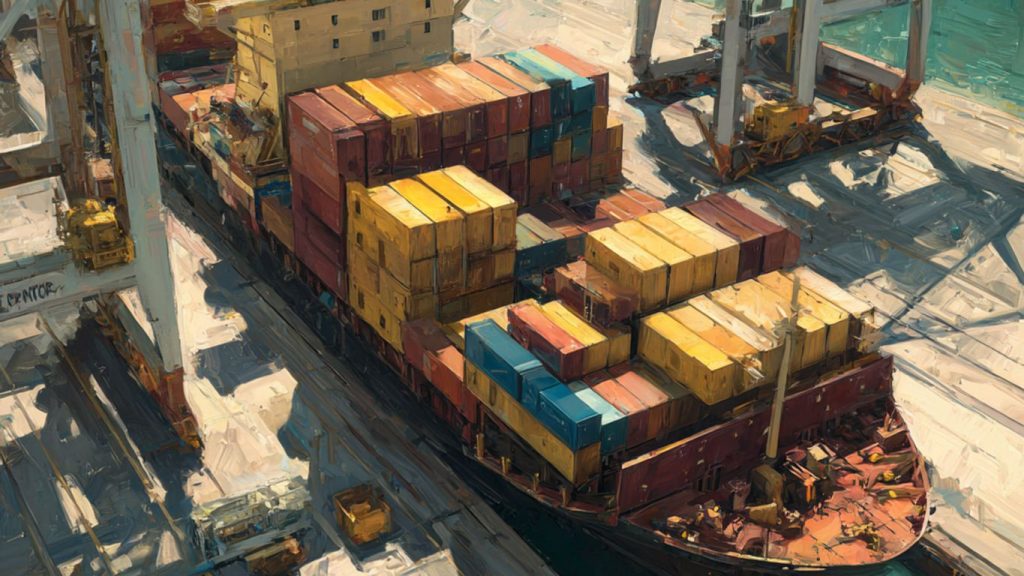 A cargo ship is loaded with containers at a busy port.