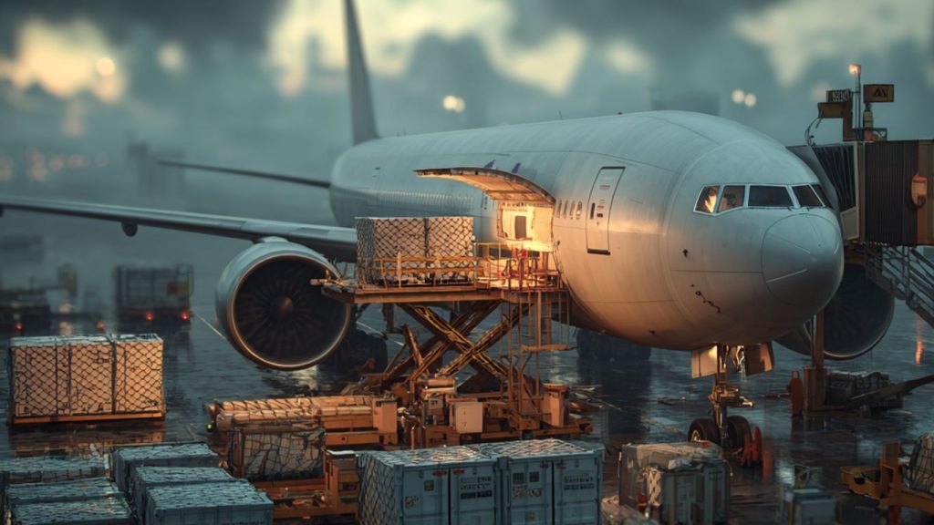 Cargo plane being loaded with containers at an airport tarmac.